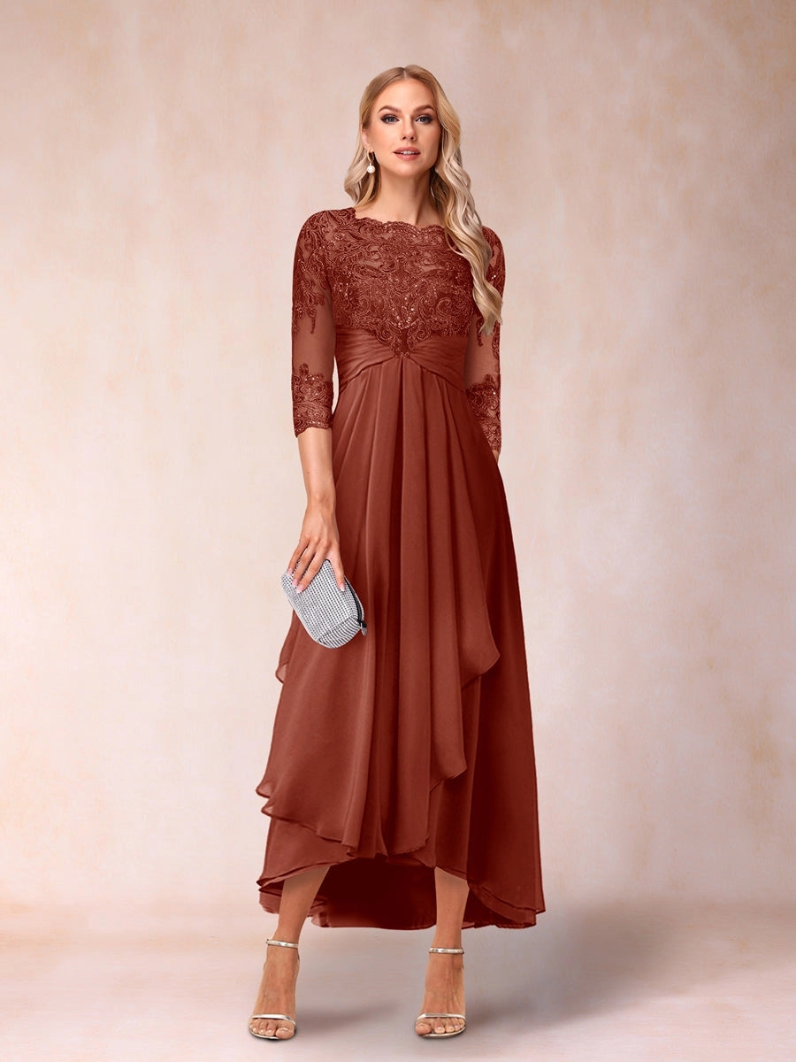 Elegant A-Line Boat-Neck Three-Quarter-Sleeve Zipper-Back High-Low Mother of the Bride Dress