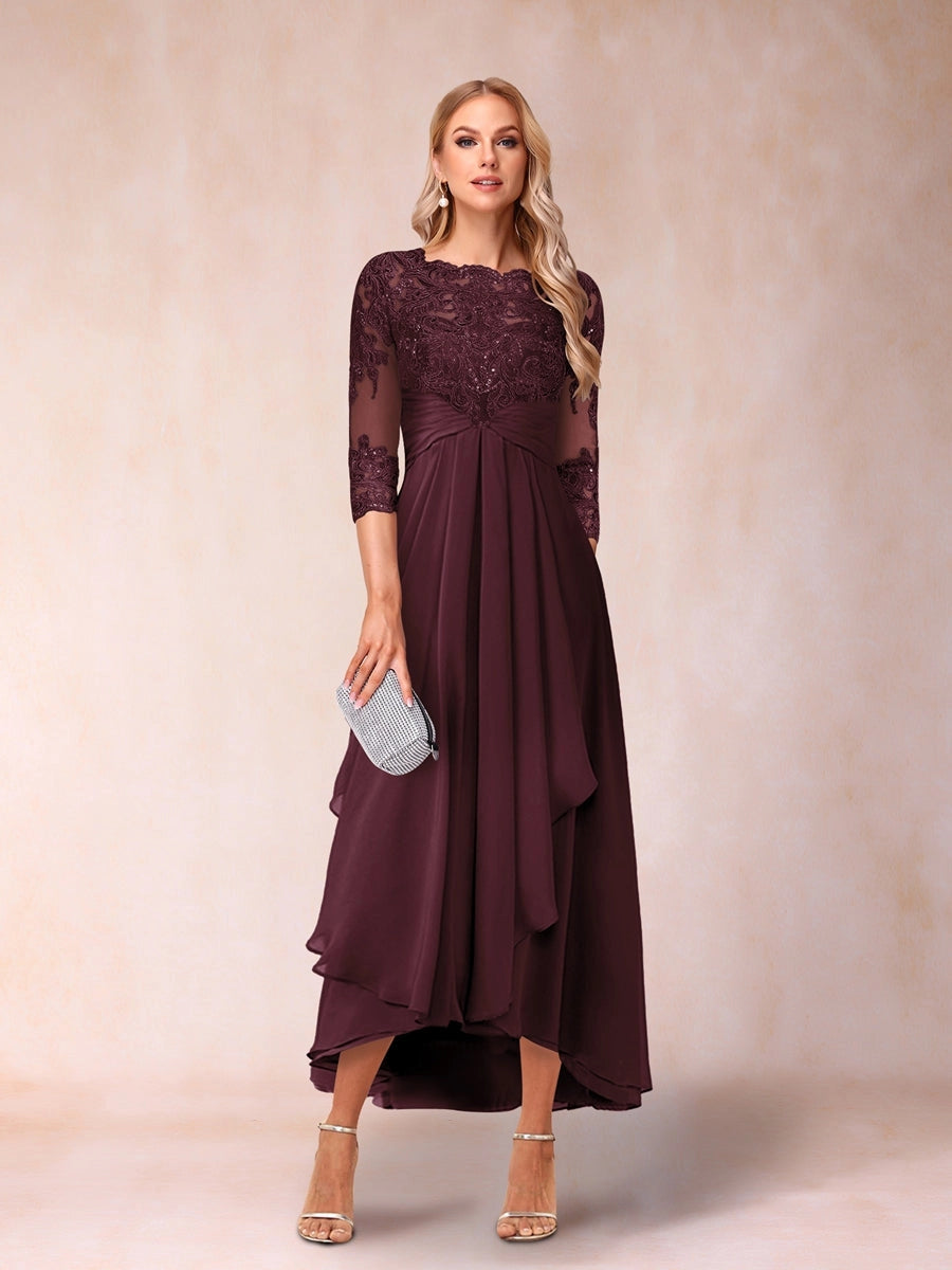 Elegant A-Line Boat-Neck Three-Quarter-Sleeve Zipper-Back High-Low Mother of the Bride Dress