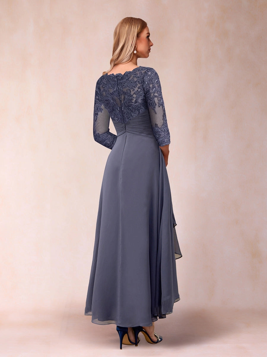 Elegant A-Line Boat-Neck Three-Quarter-Sleeve Zipper-Back High-Low Mother of the Bride Dress