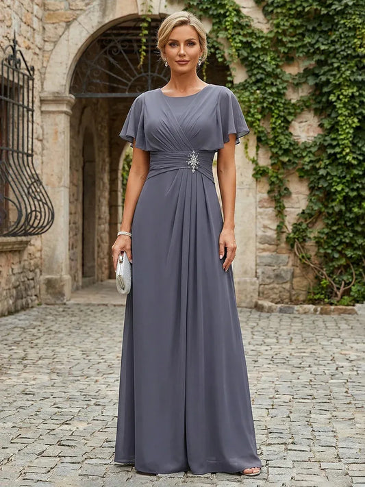 Loverlm slate gray mother of the bride dress with flutter sleeves ruched waist jeweled accent and floor-length A-line skirt