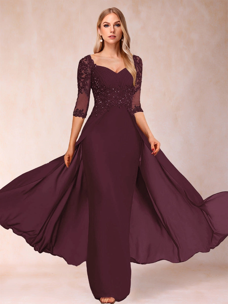 Elegant A-Line Sweetheart Three-Quarter-Sleeve Illusion-Back Floor-Length Mother of the Bride Dress