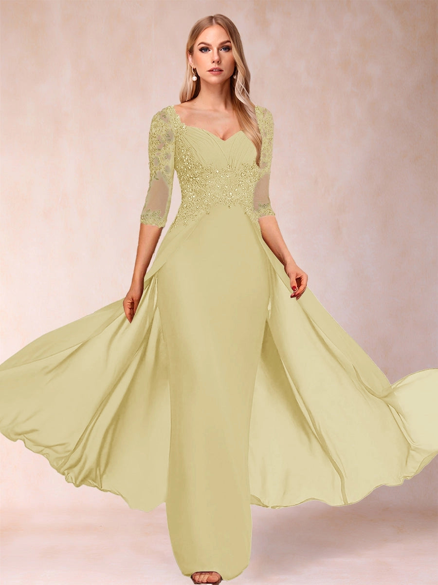 Elegant A-Line Sweetheart Three-Quarter-Sleeve Illusion-Back Floor-Length Mother of the Bride Dress