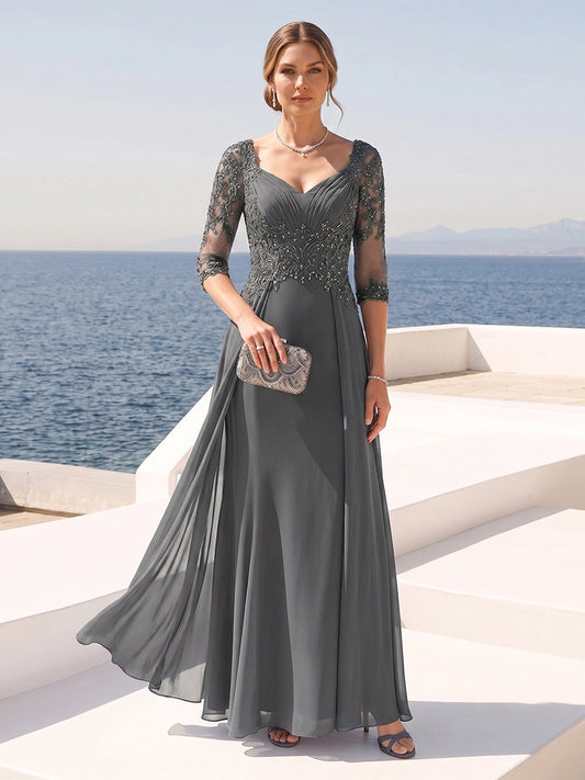 Loverlm slate gray A-line mother of the bride dress with sweetheart neckline, beaded lace bodice, sheer three-quarter sleeves and floor-length skirt front view