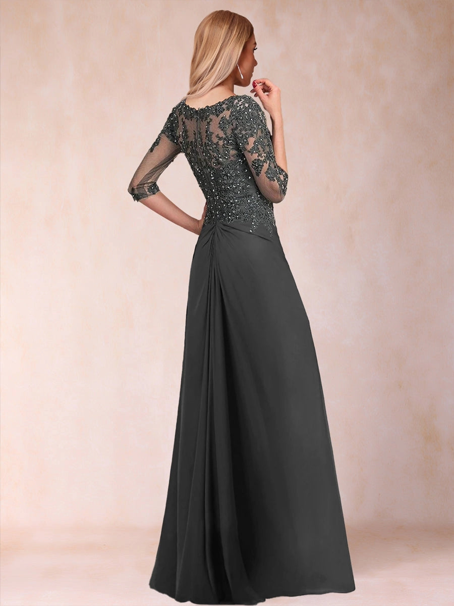 Elegant A-Line Sweetheart Three-Quarter-Sleeve Illusion-Back Floor-Length Mother of the Bride Dress
