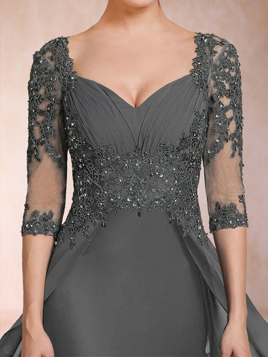 Elegant A-Line Sweetheart Three-Quarter-Sleeve Illusion-Back Floor-Length Mother of the Bride Dress