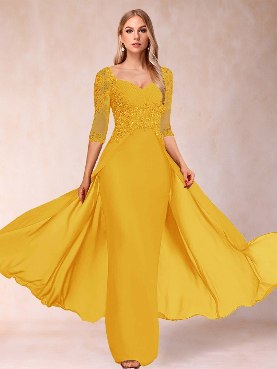 Elegant A-Line Sweetheart Three-Quarter-Sleeve Illusion-Back Floor-Length Mother of the Bride Dress