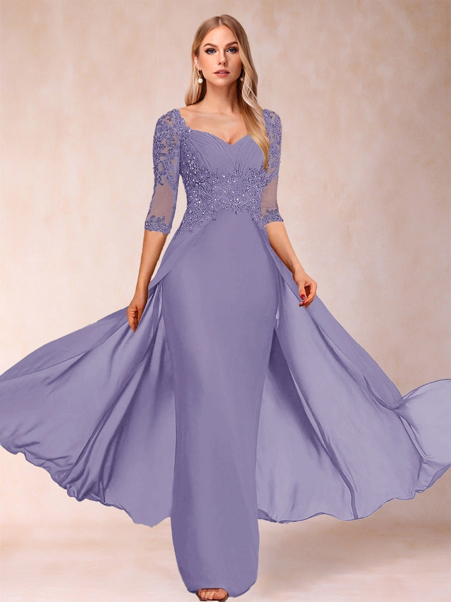 Elegant A-Line Sweetheart Three-Quarter-Sleeve Illusion-Back Floor-Length Mother of the Bride Dress