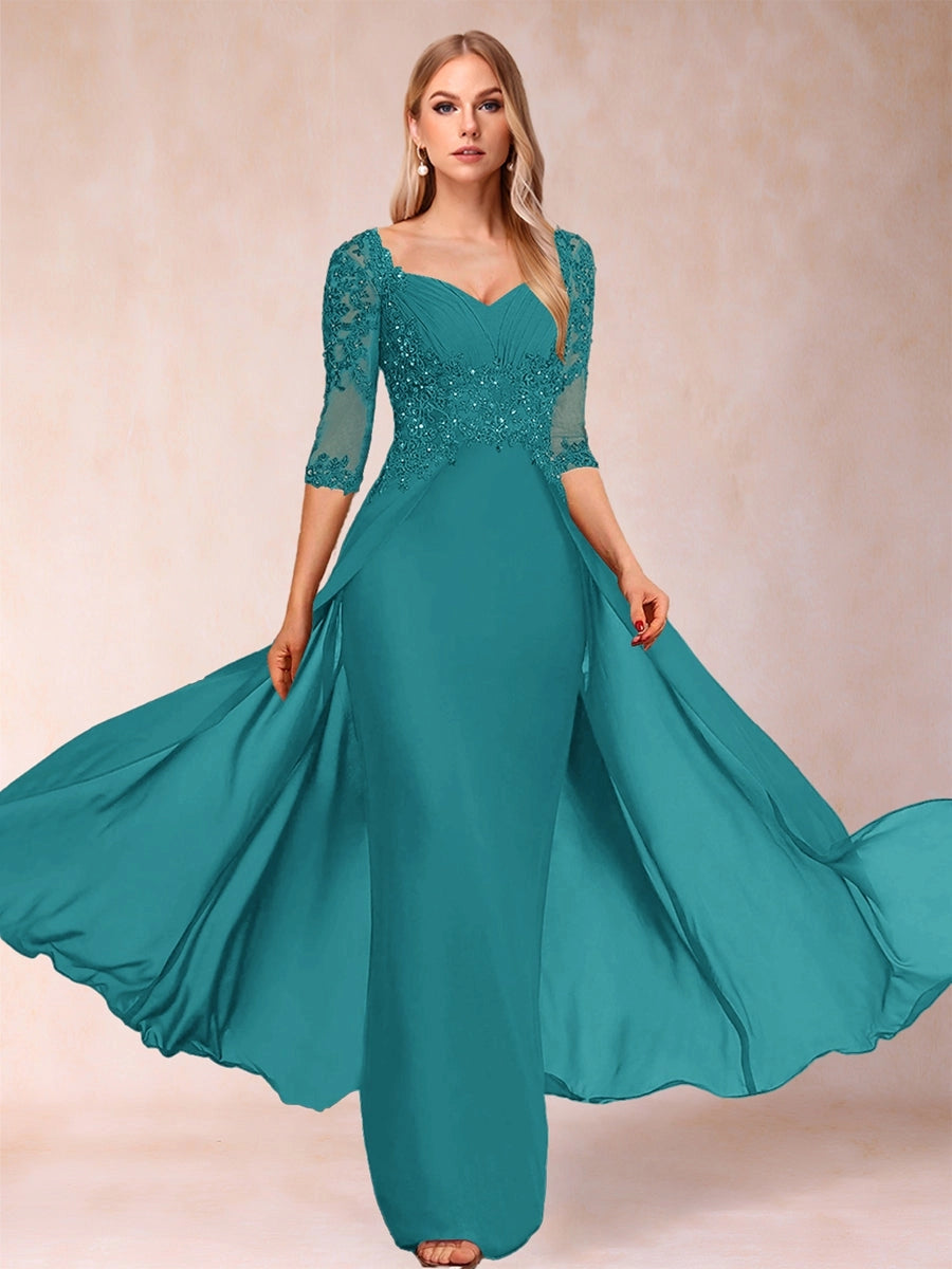 Elegant A-Line Sweetheart Three-Quarter-Sleeve Illusion-Back Floor-Length Mother of the Bride Dress