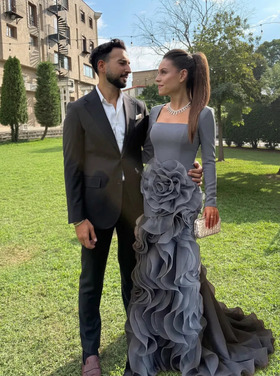 Loverlm slate gray evening dress with square neckline long sleeves fitted mermaid bodice and dramatic organza ruffle floor-length skirt