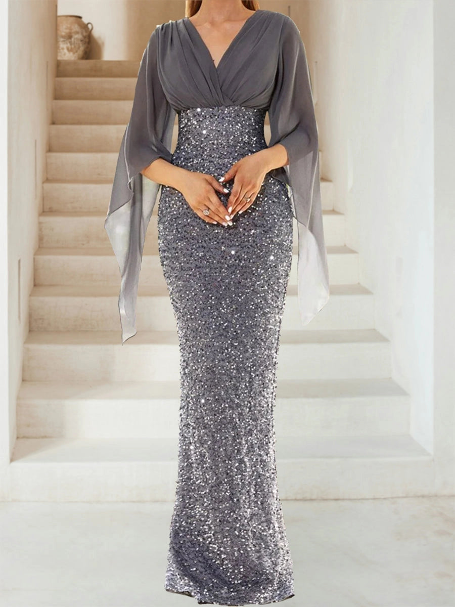 Elegant Sheath V-Neck Cape-Sleeve Zip-Back Floor-Length Mother of the Bride Dress
