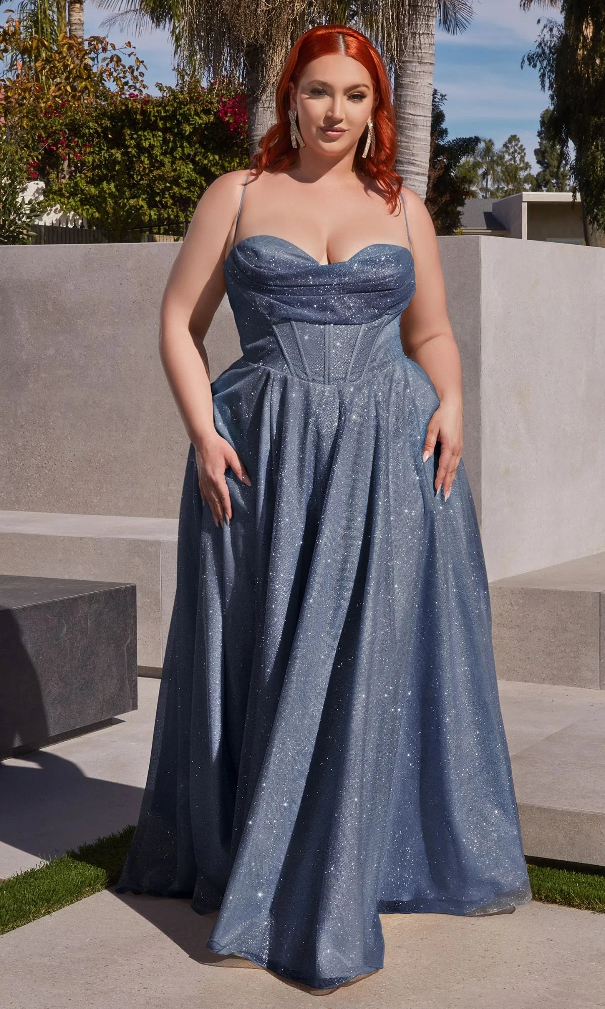 Smoky blue plus size glitter prom dress with spaghetti straps, ruched sweetheart neckline, structured corset bodice and full floor-length A-line skirt by Loverlm