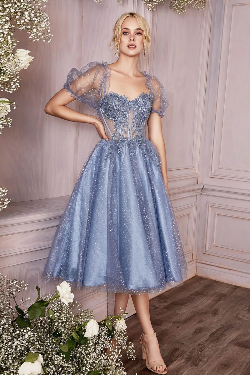 Loverlm smoky blue sweetheart puff sleeve glitter tulle prom dress front view
