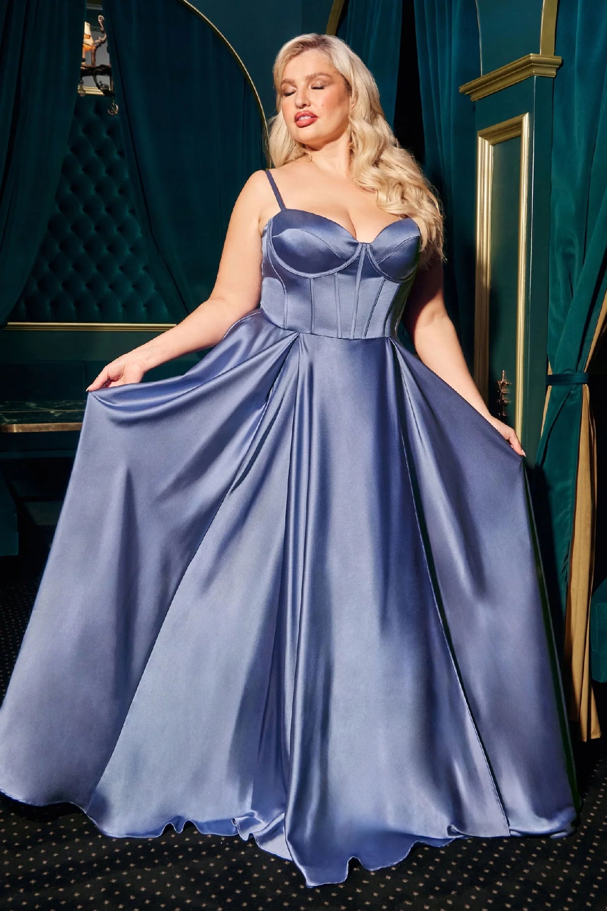 Smoky blue plus size satin A-line prom dress with sweetheart neckline, spaghetti straps, structured corset bodice and flowing floor-length skirt by Loverlm