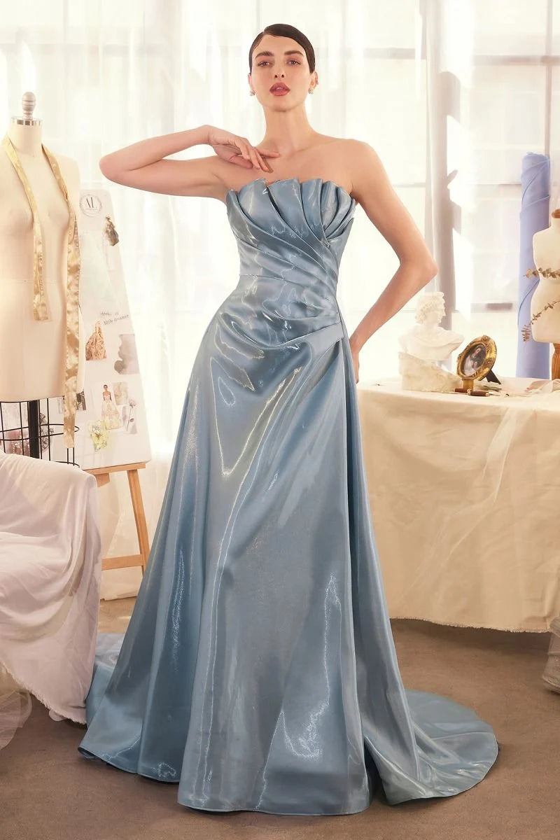 Loverlm smoky blue satin evening dress with sculpted strapless neckline draped bodice and flowing floor-length A-line skirt