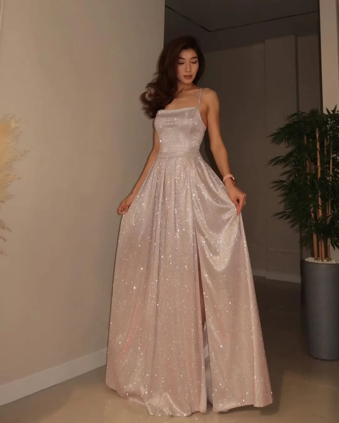 Loverlm sparkling blush prom dress with square neckline spaghetti straps high slit and flowing floor-length A-line skirt