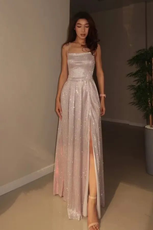 Sparkling A-Line Square-Neck Spaghetti-Strap Lace-Up Floor-Length Prom Dress