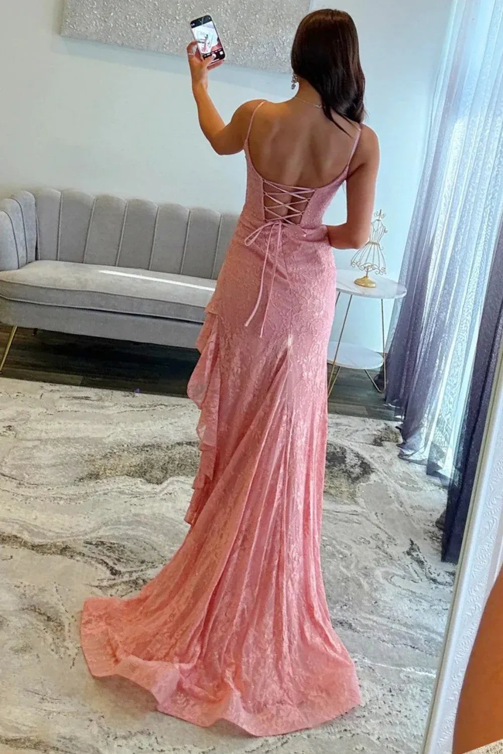 Sparkly Pink Mermaid Square Neck Spaghetti Strap Lace-Up Back Long Homecoming Dress
