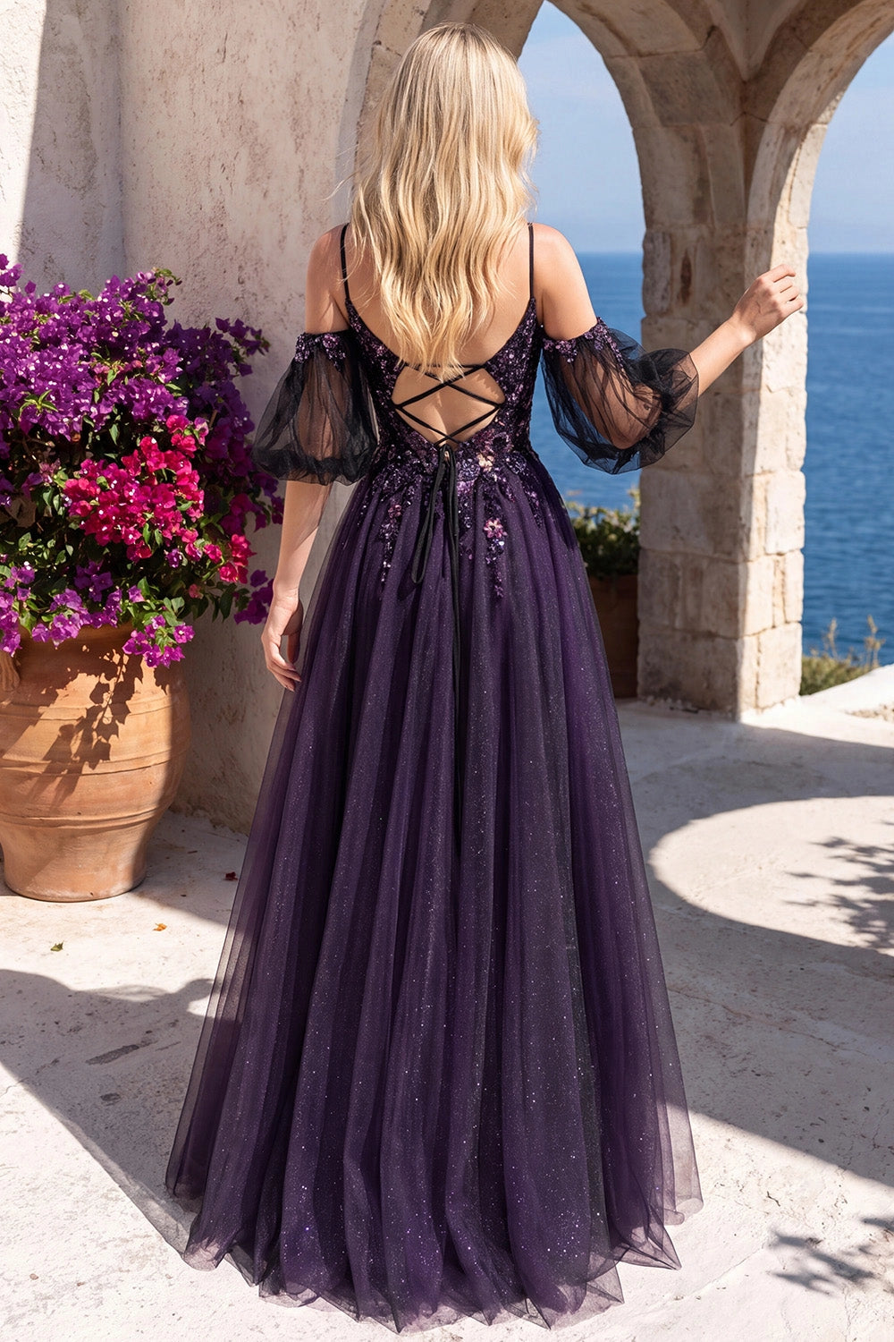 Sparkly A-line Sweetheart Off Shoulder Puff Sleeve Crisscross Lace Up Back Glitter Tulle Floor Length Prom Dress