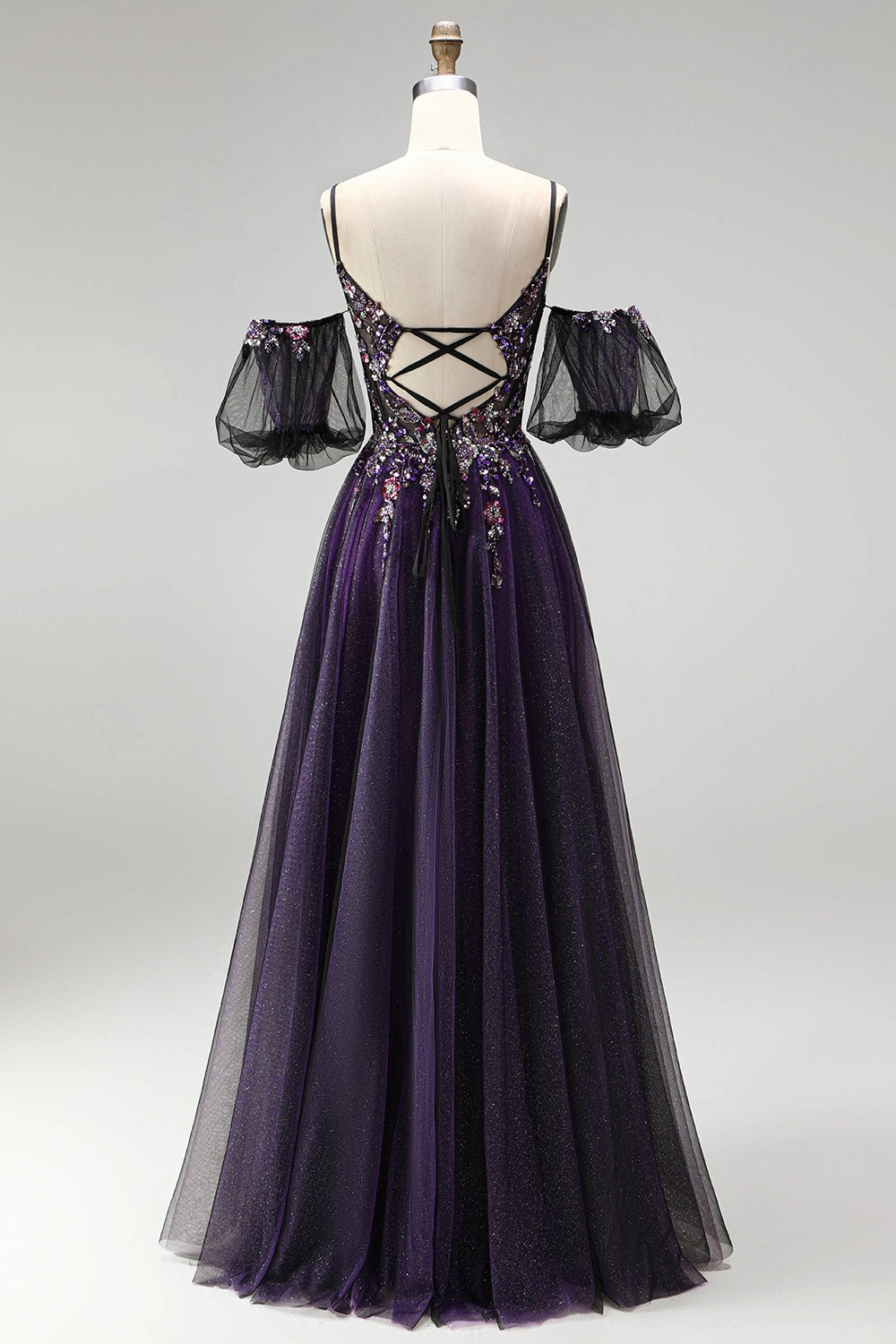 Sparkly A-line Sweetheart Off Shoulder Puff Sleeve Crisscross Lace Up Back Glitter Tulle Floor Length Prom Dress