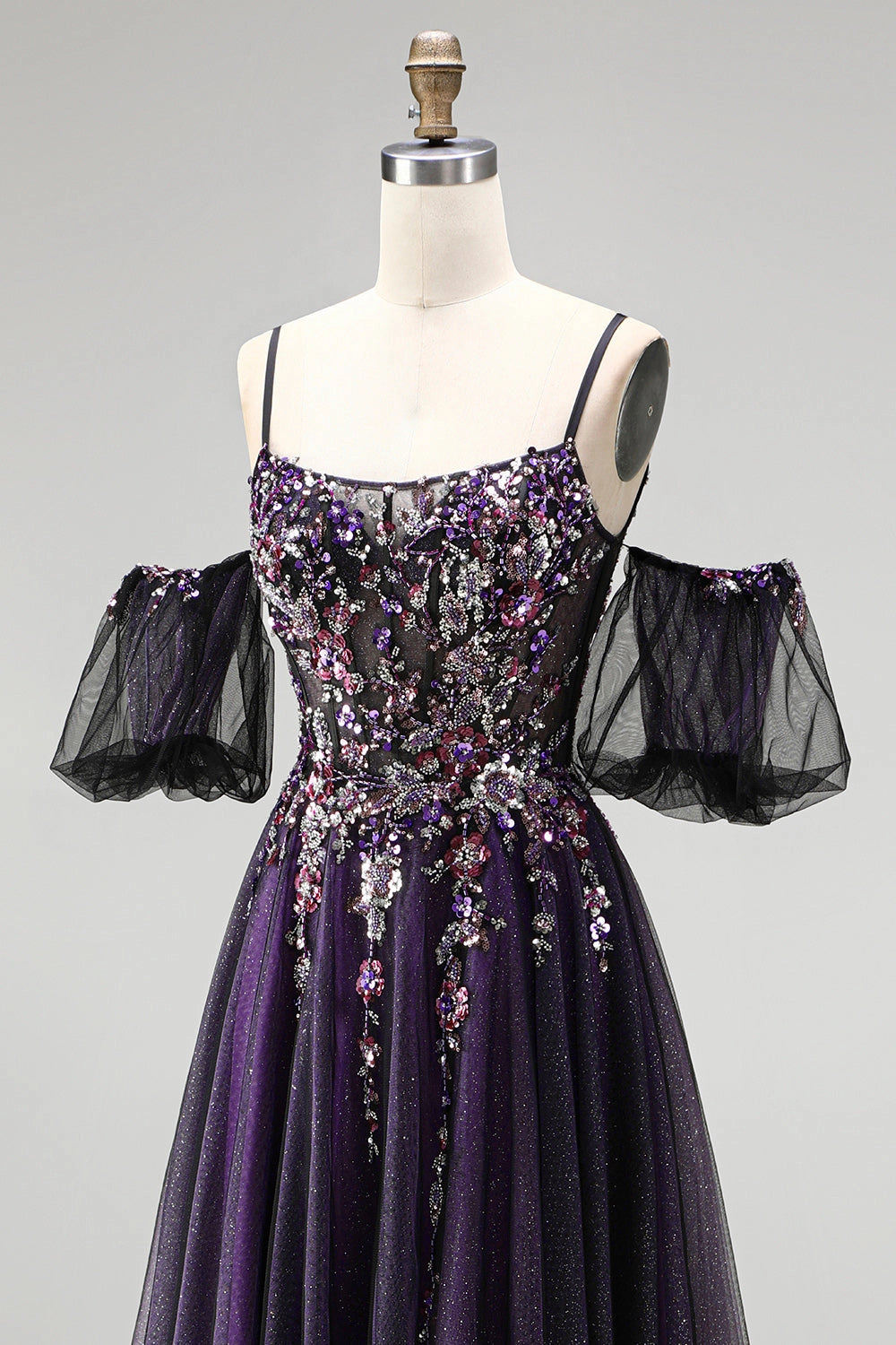 Sparkly A-line Sweetheart Off Shoulder Puff Sleeve Crisscross Lace Up Back Glitter Tulle Floor Length Prom Dress