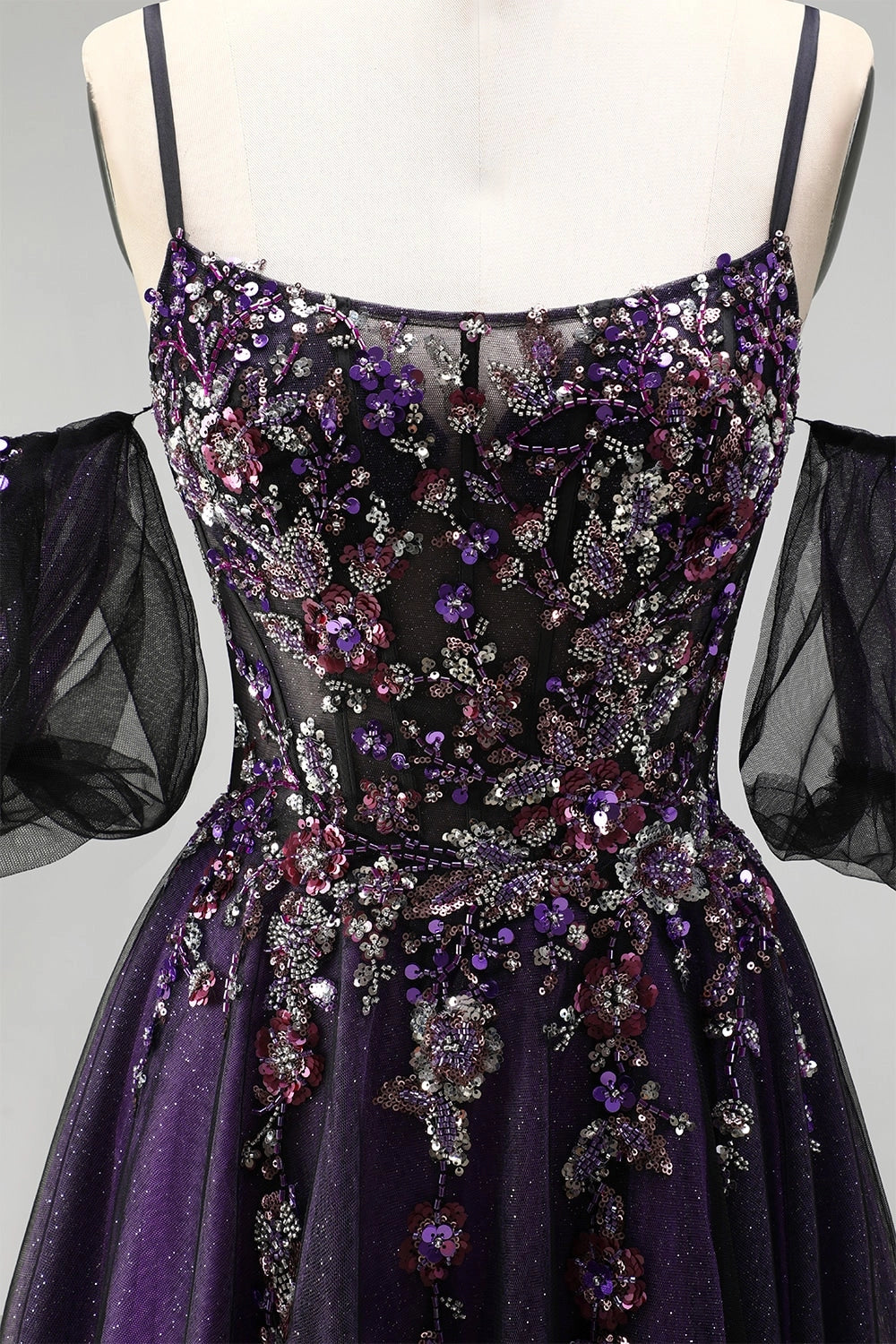 Sparkly A-line Sweetheart Off Shoulder Puff Sleeve Crisscross Lace Up Back Glitter Tulle Floor Length Prom Dress