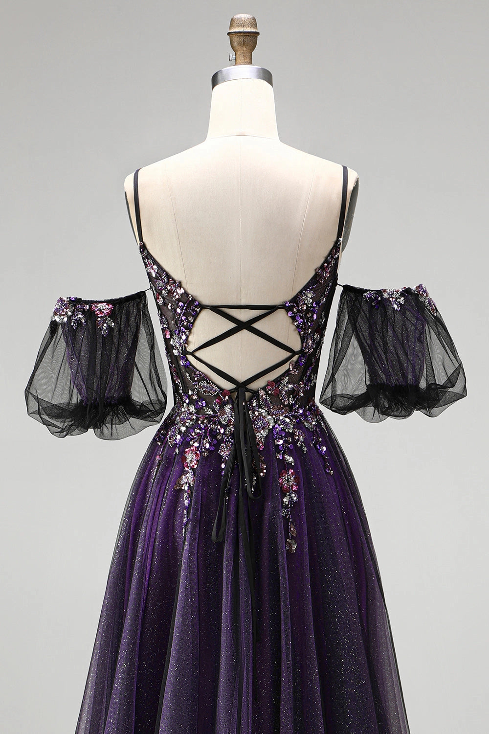 Sparkly A-line Sweetheart Off Shoulder Puff Sleeve Crisscross Lace Up Back Glitter Tulle Floor Length Prom Dress