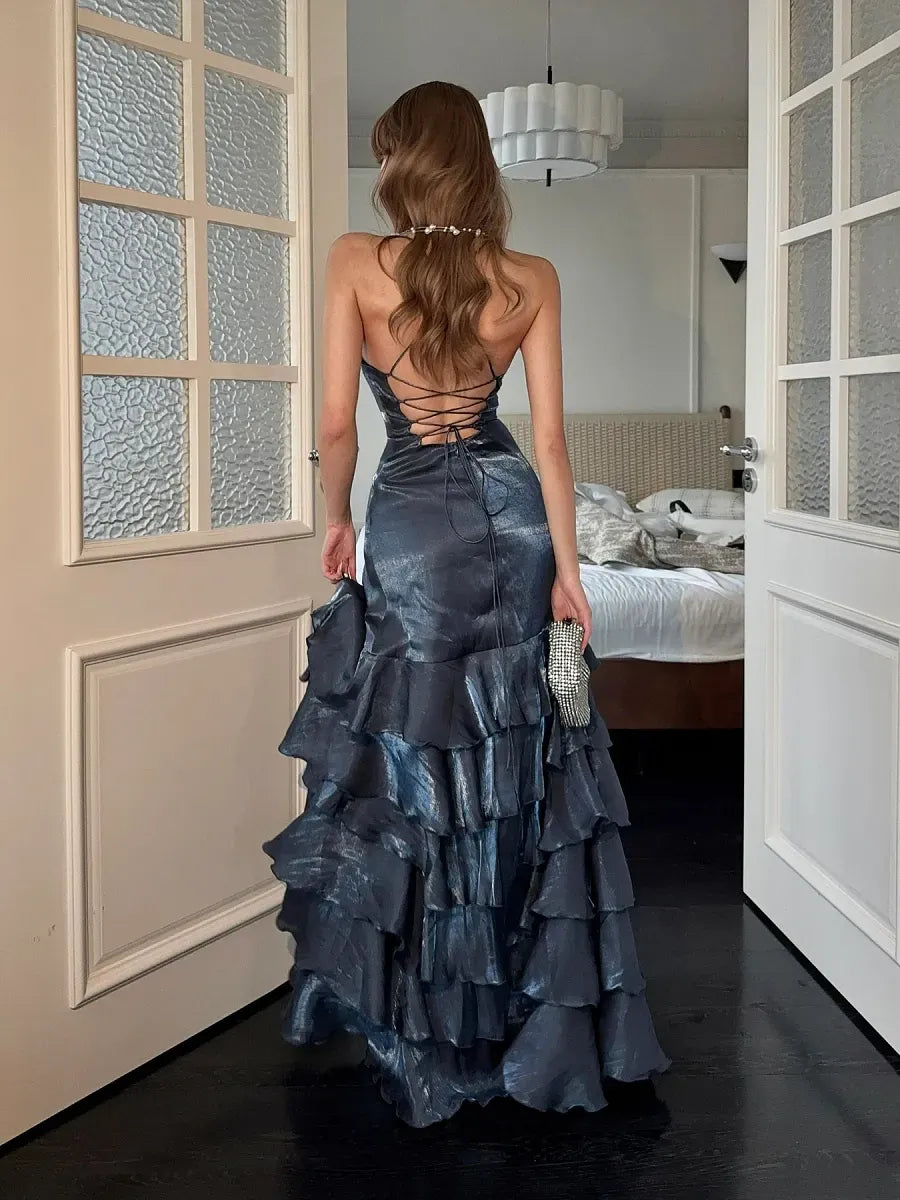 Chic Mermaid V-Neck Spaghetti Strap Lace-Up Ruffle Floor-Length Prom Dress