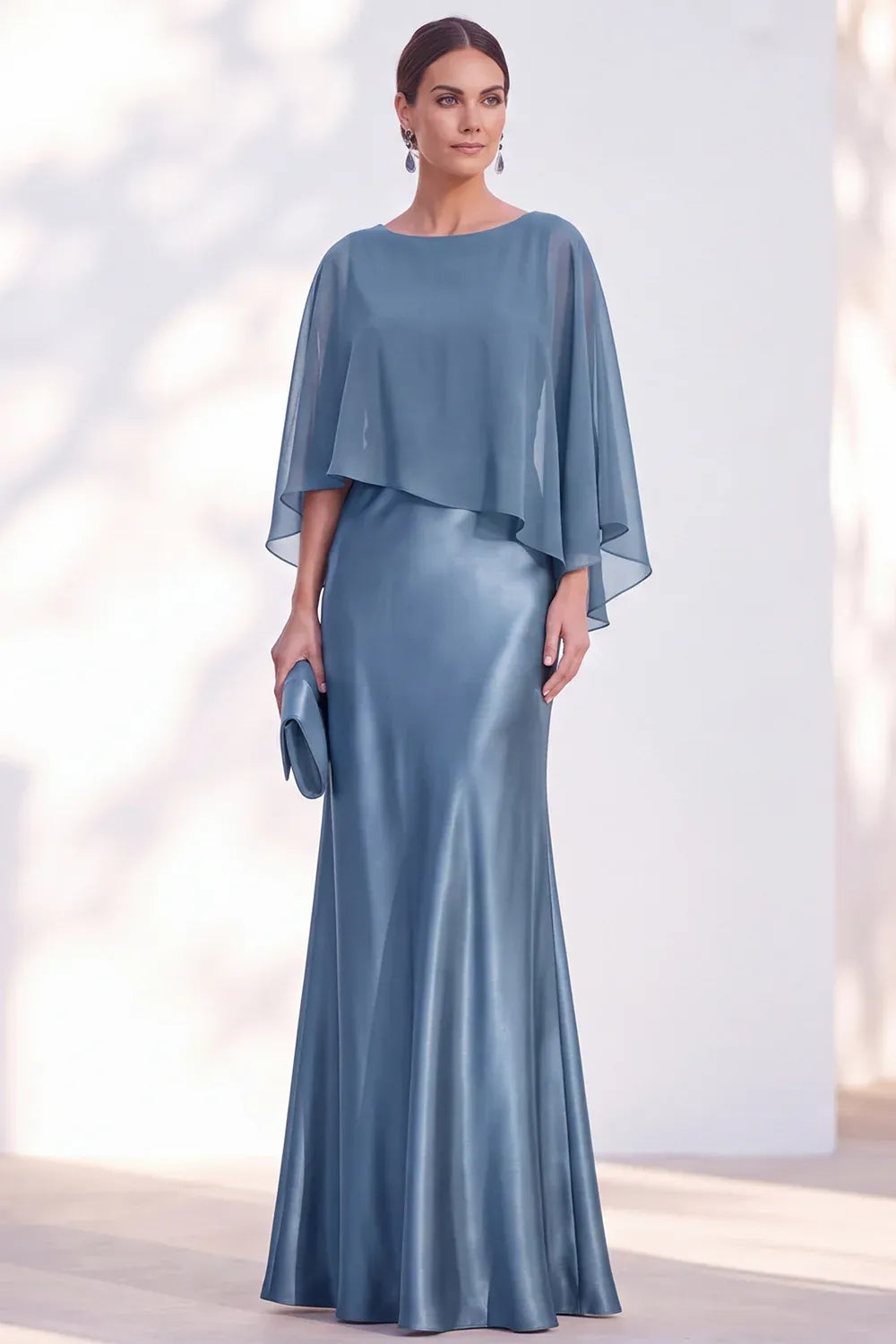Loverlm steel blue satin gown with a bateau neckline, sheer chiffon cape sleeves and a fitted floor-length silhouette.