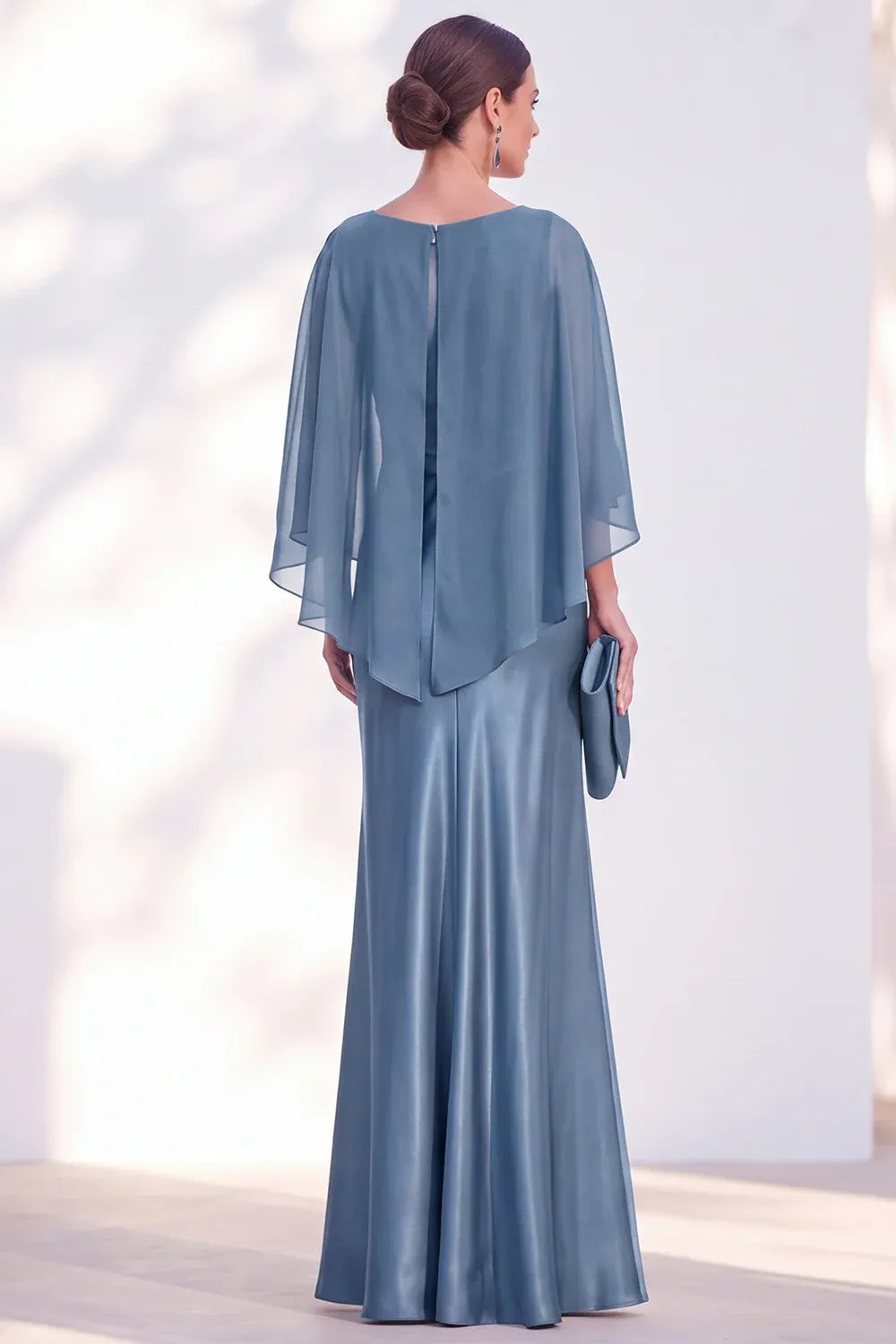 Elegant Satin Sheath Bateau Cape-Sleeve Keyhole-Back Floor-Length Mother of the Bride Dress