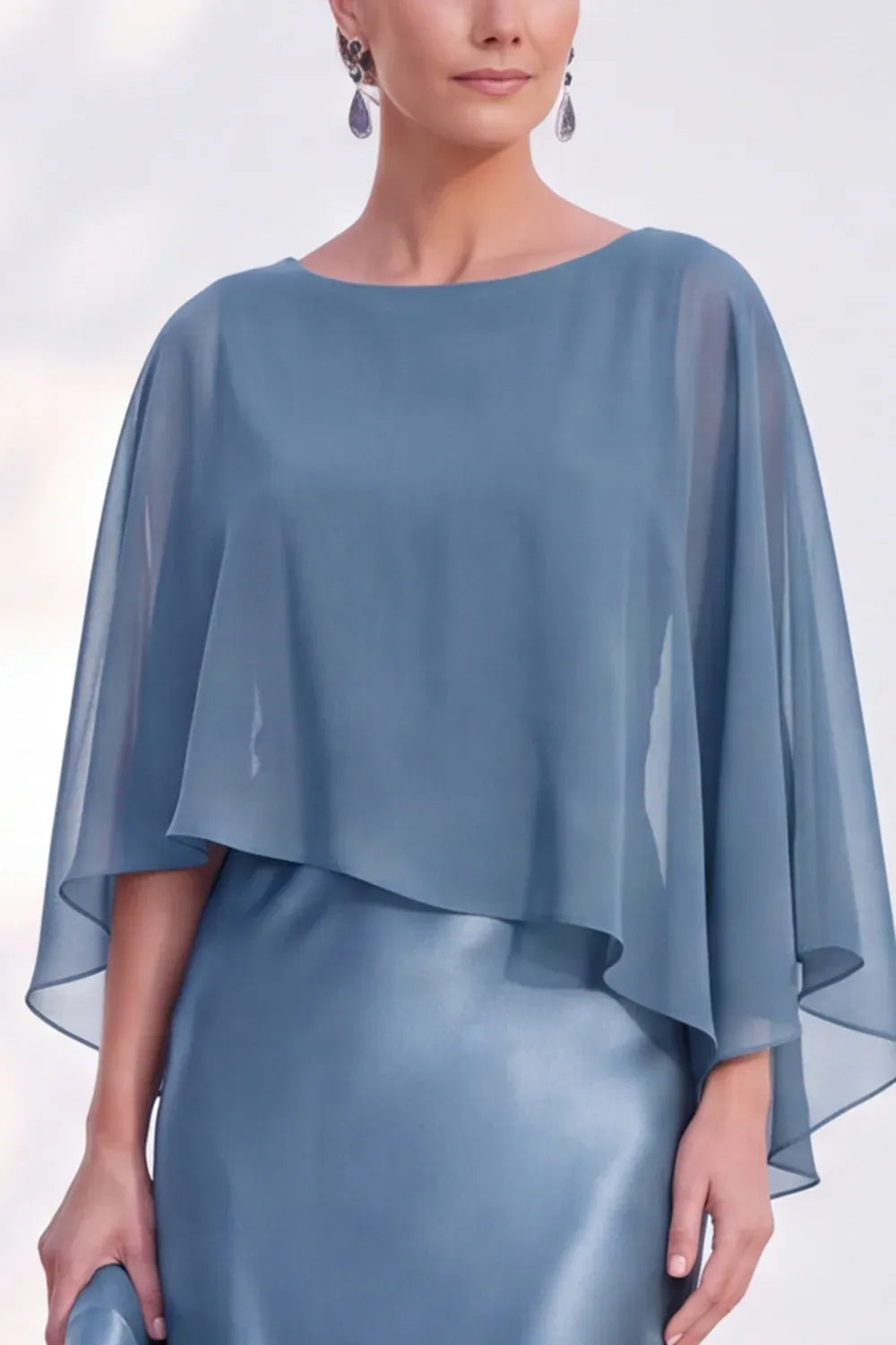 Elegant Satin Sheath Bateau Cape-Sleeve Keyhole-Back Floor-Length Mother of the Bride Dress