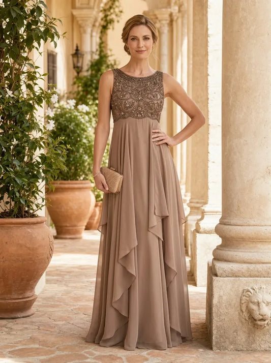 Loverlm taupe chiffon Mother of the Bride dress with beaded bodice round neck and floor-length A-line skirt
