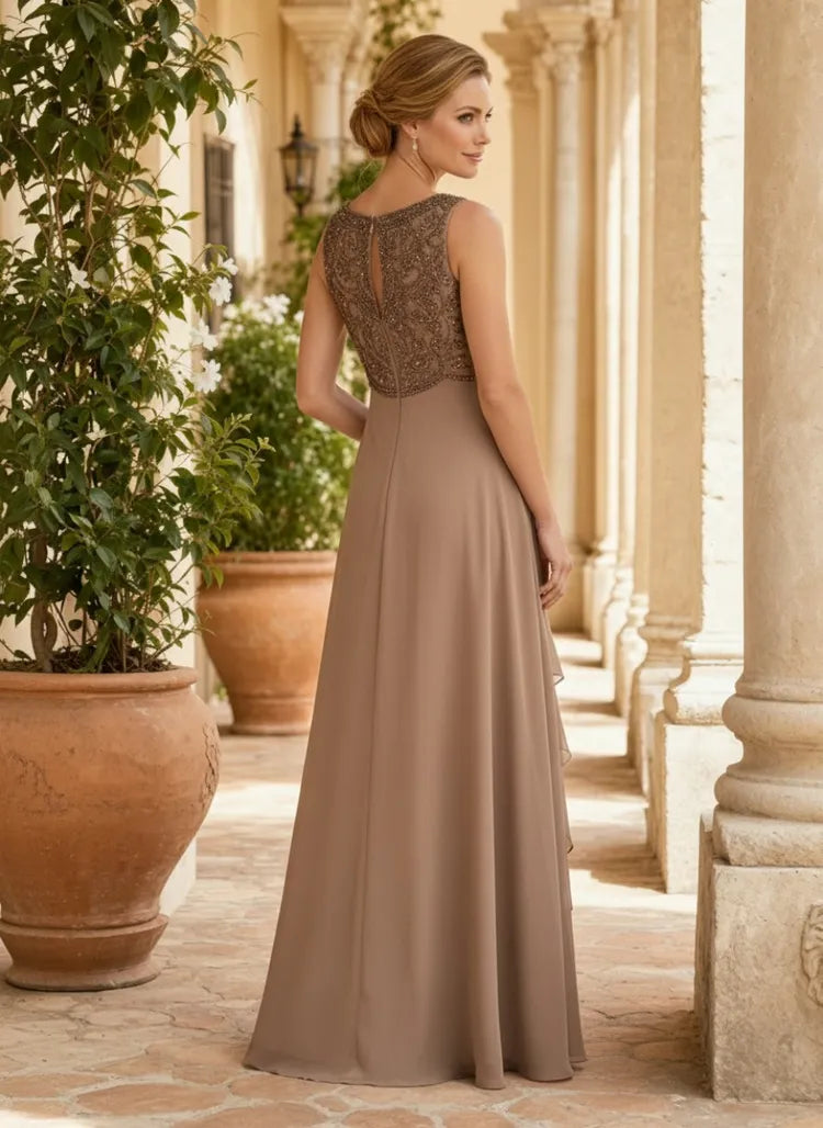 Elegant A-Line Round-Neck Sleeveless Chiffon Floor-Length Mother of the Bride Dress