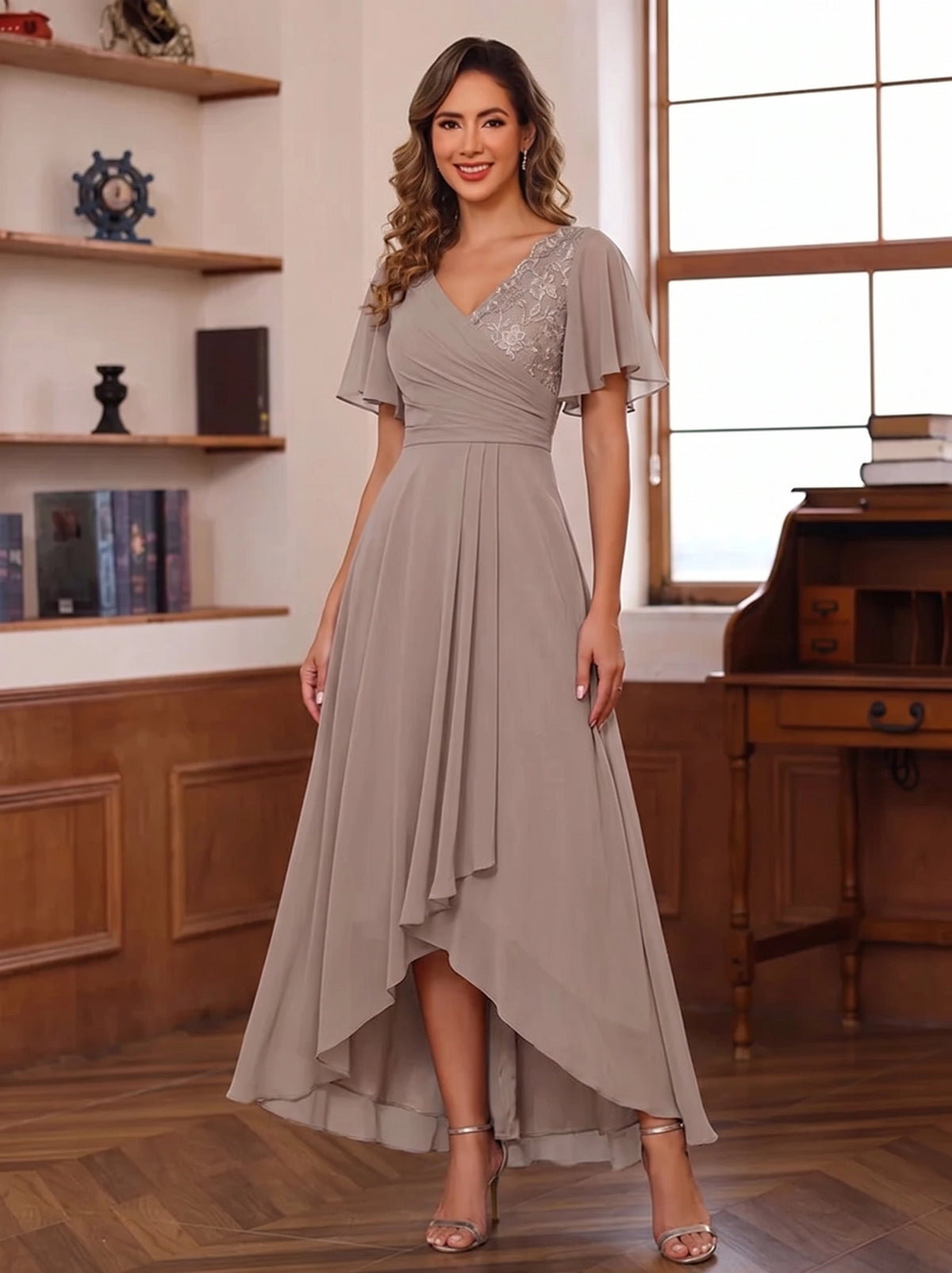 Loverlm taupe chiffon V-neck lace flutter sleeve high-low Mother of the Bride dress front view