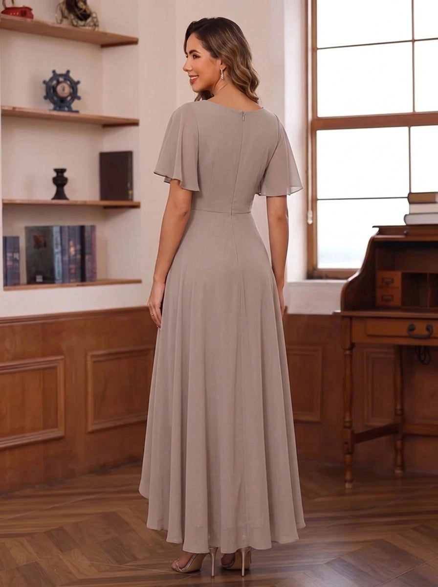 Elegant A-Line V-Neck Flutter Sleeve Zipper Back High-Low Mother of the Bride Dress