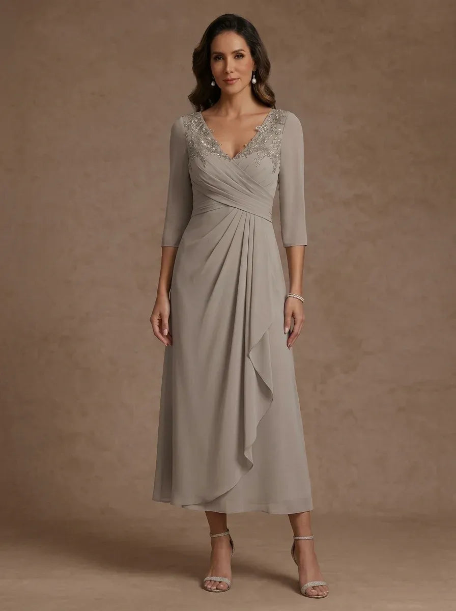 Loverlm taupe embellished V-neck three-quarter sleeve evening dress front view