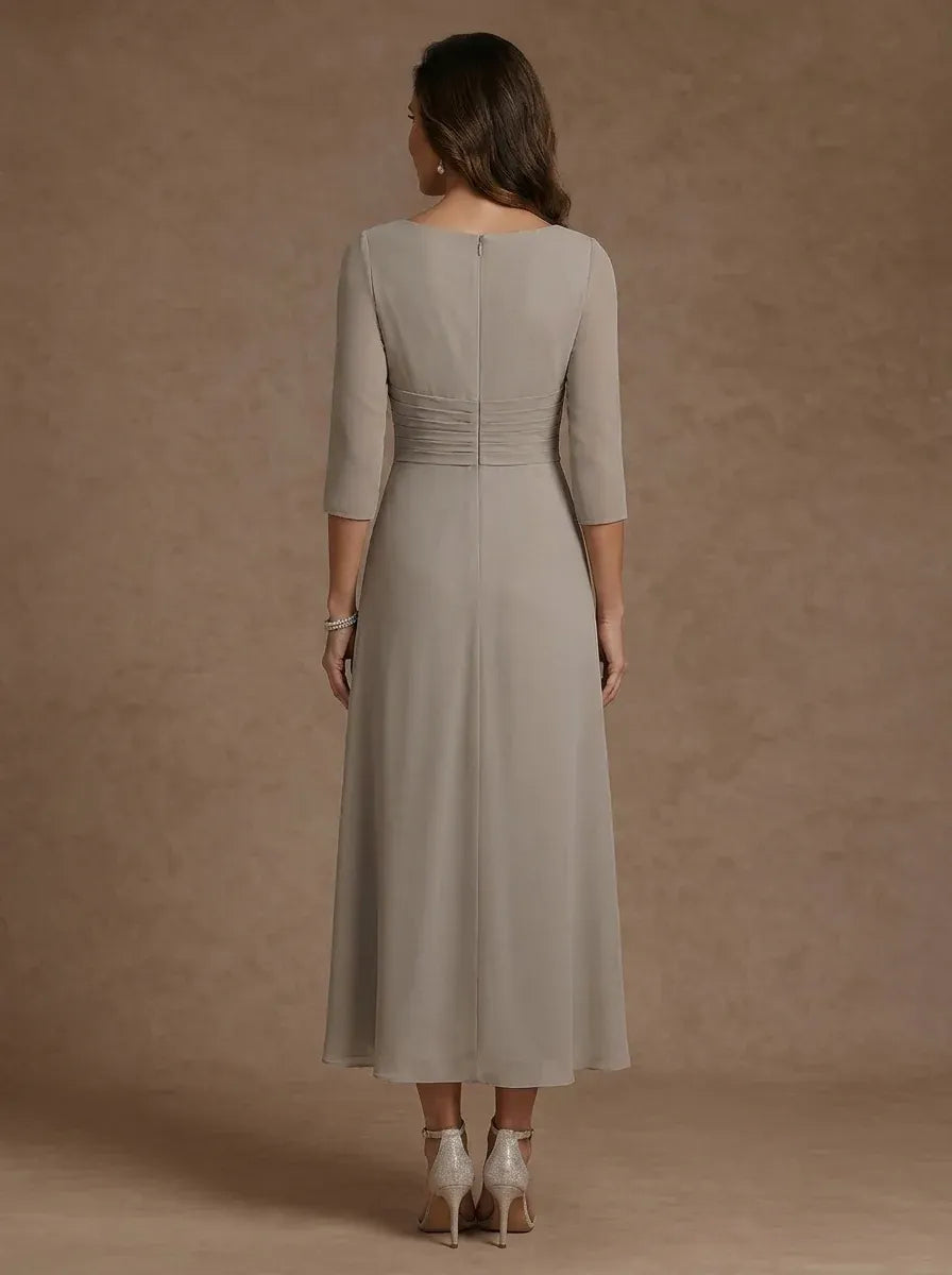 Elegant A-Line V-Neck Three-Quarter Sleeve Zipper Back Tea-Length Evening Dress