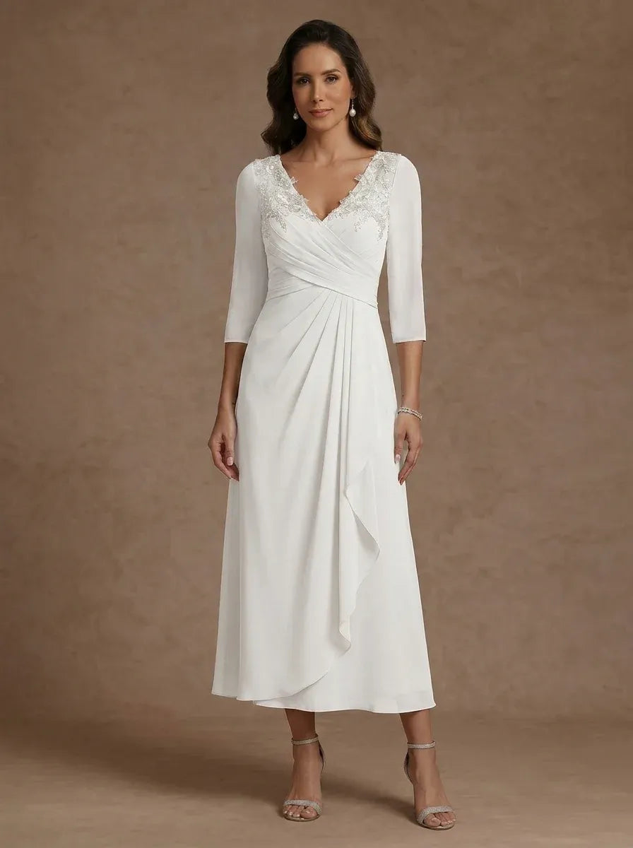 Elegant A-Line V-Neck Three-Quarter Sleeve Zipper Back Tea-Length Evening Dress