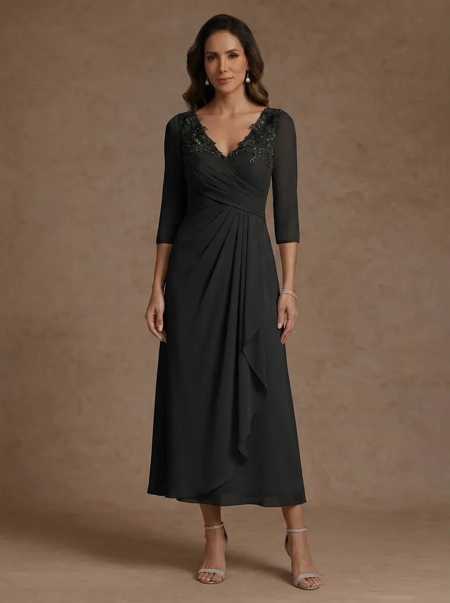 Elegant A-Line V-Neck Three-Quarter Sleeve Zipper Back Tea-Length Evening Dress