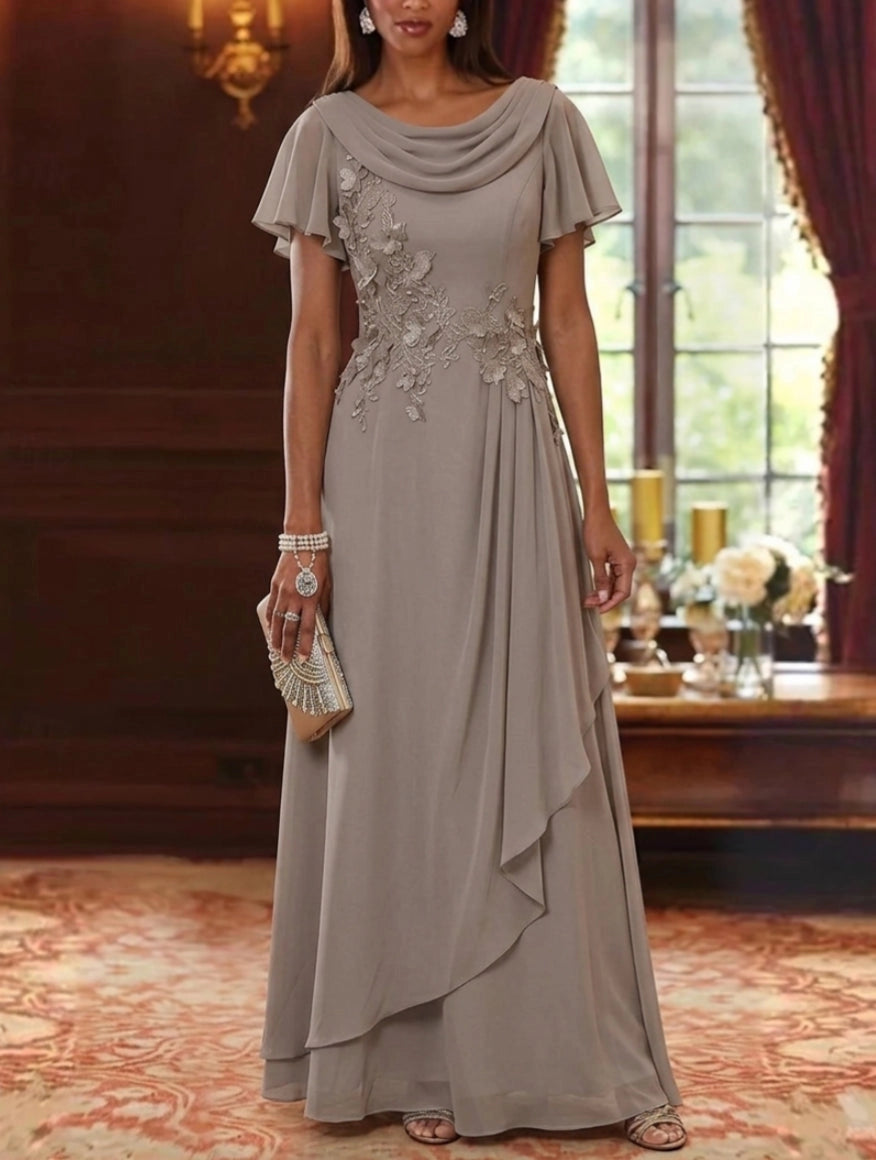 Elegant A-Line Cowl Neck Flutter Sleeve Zipper Back Floral Floor Length Mother of the Bride Dress