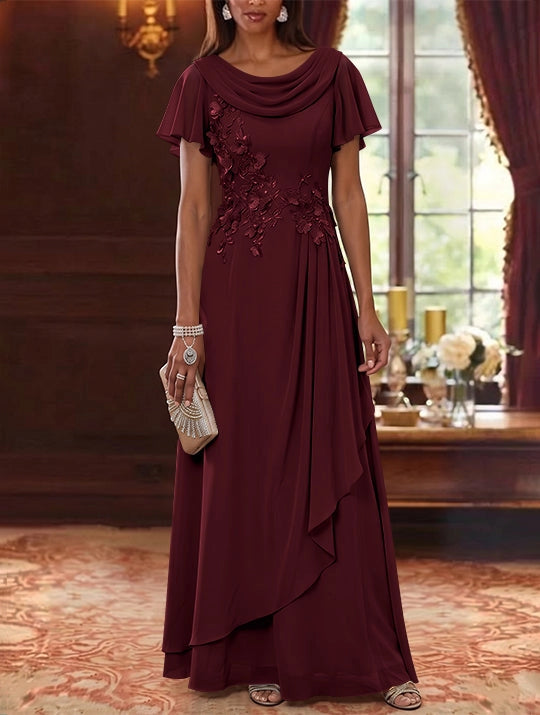Elegant A-Line Cowl Neck Flutter Sleeve Zipper Back Floral Floor Length Mother of the Bride Dress