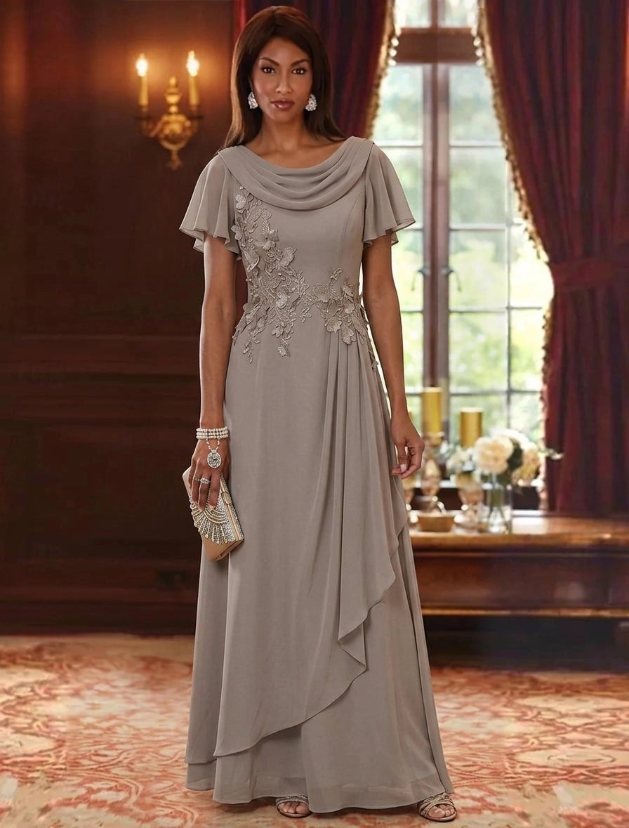 Loverlm taupe cowl neck floral applique flutter sleeve Mother of the Bride dress front view