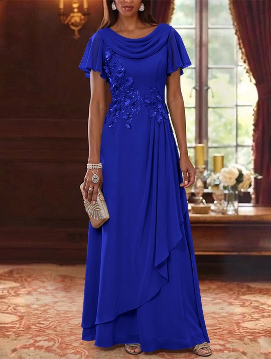 Elegant A-Line Cowl Neck Flutter Sleeve Zipper Back Floral Floor Length Mother of the Bride Dress