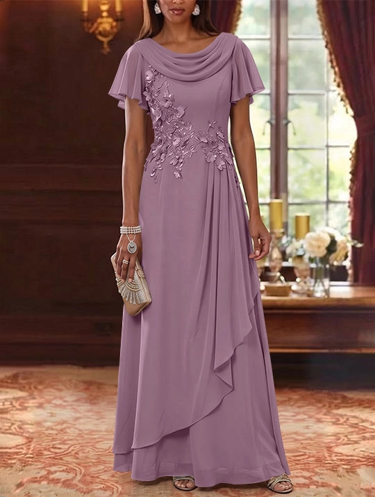 Elegant A-Line Cowl Neck Flutter Sleeve Zipper Back Floral Floor Length Mother of the Bride Dress