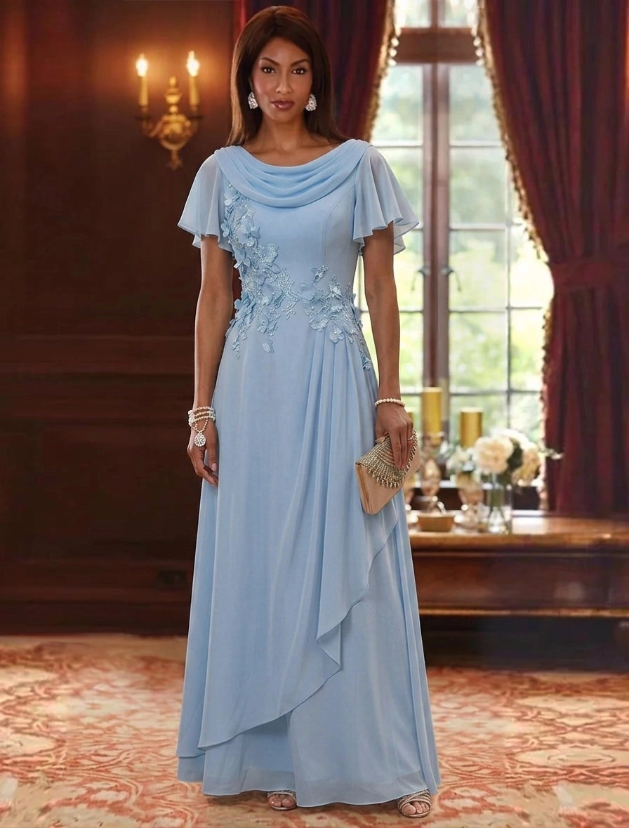 Elegant A-Line Cowl Neck Flutter Sleeve Zipper Back Floral Floor Length Mother of the Bride Dress