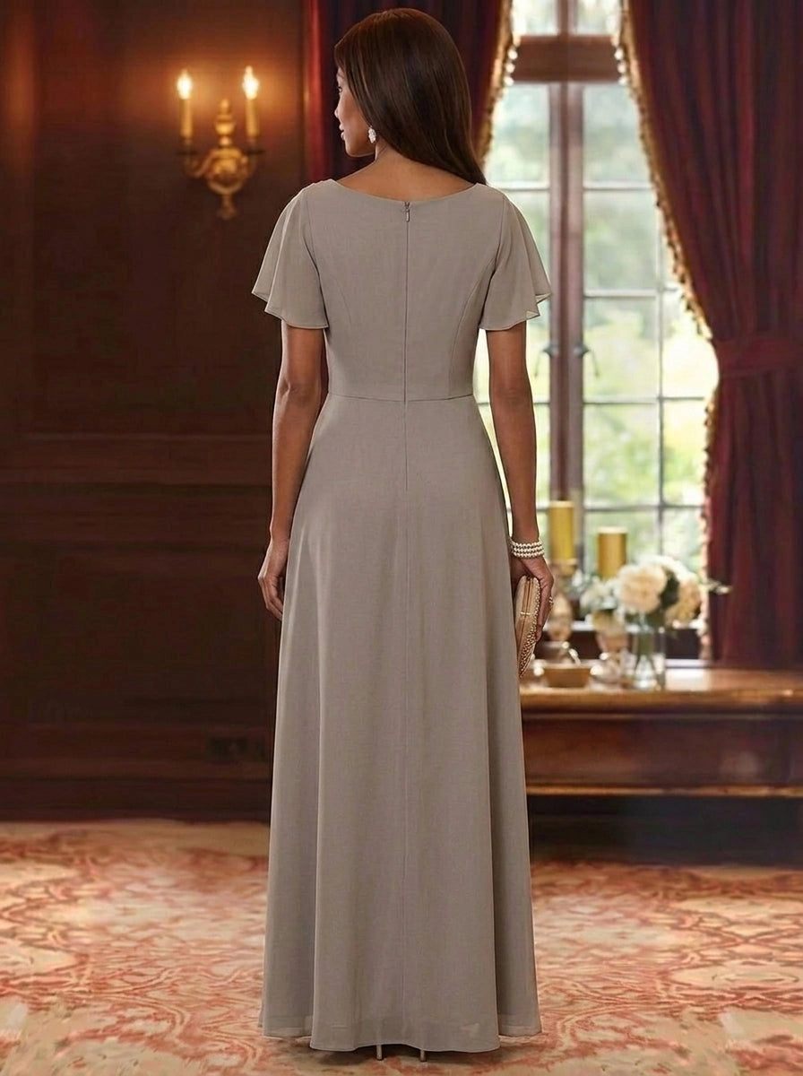 Elegant A-Line Cowl Neck Flutter Sleeve Zipper Back Floral Floor Length Mother of the Bride Dress