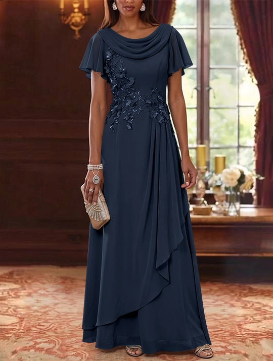 Elegant A-Line Cowl Neck Flutter Sleeve Zipper Back Floral Floor Length Mother of the Bride Dress