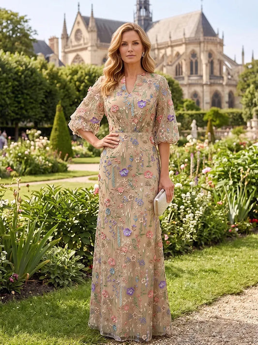Loverlm taupe Mother of the Bride dress with V-neck puff sleeves multicolor floral embroidery and fitted floor-length silhouette