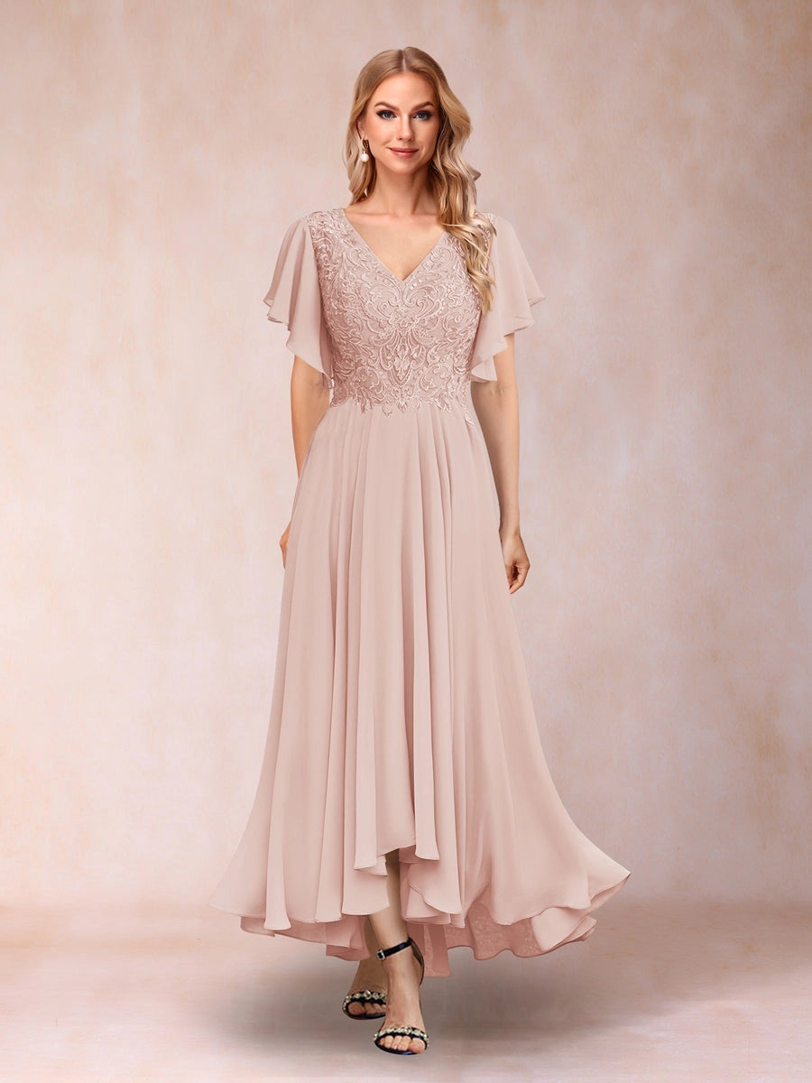 Elegant A-Line V-Neck Flutter-Sleeve Zipper-Back High-Low Mother of the Bride Dress