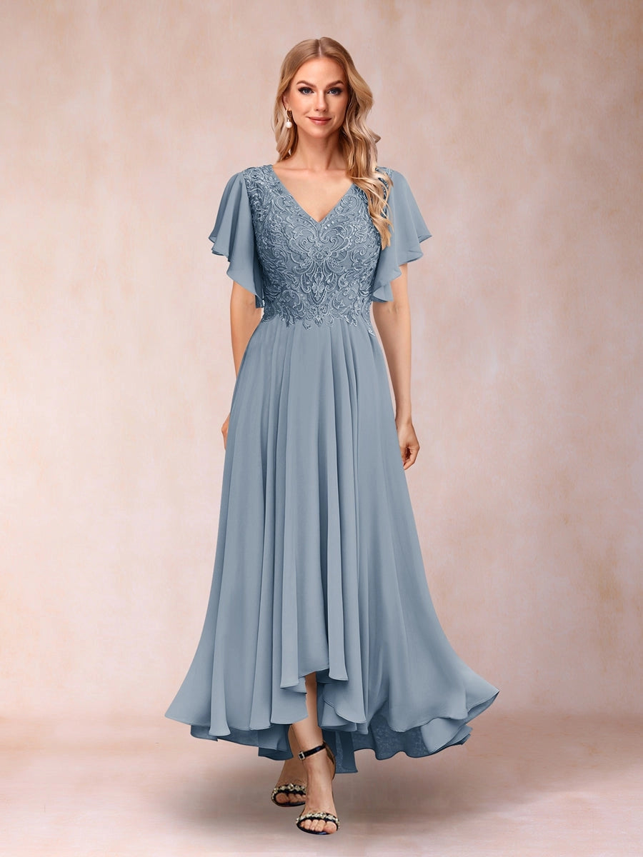 Elegant A-Line V-Neck Flutter-Sleeve Zipper-Back High-Low Mother of the Bride Dress
