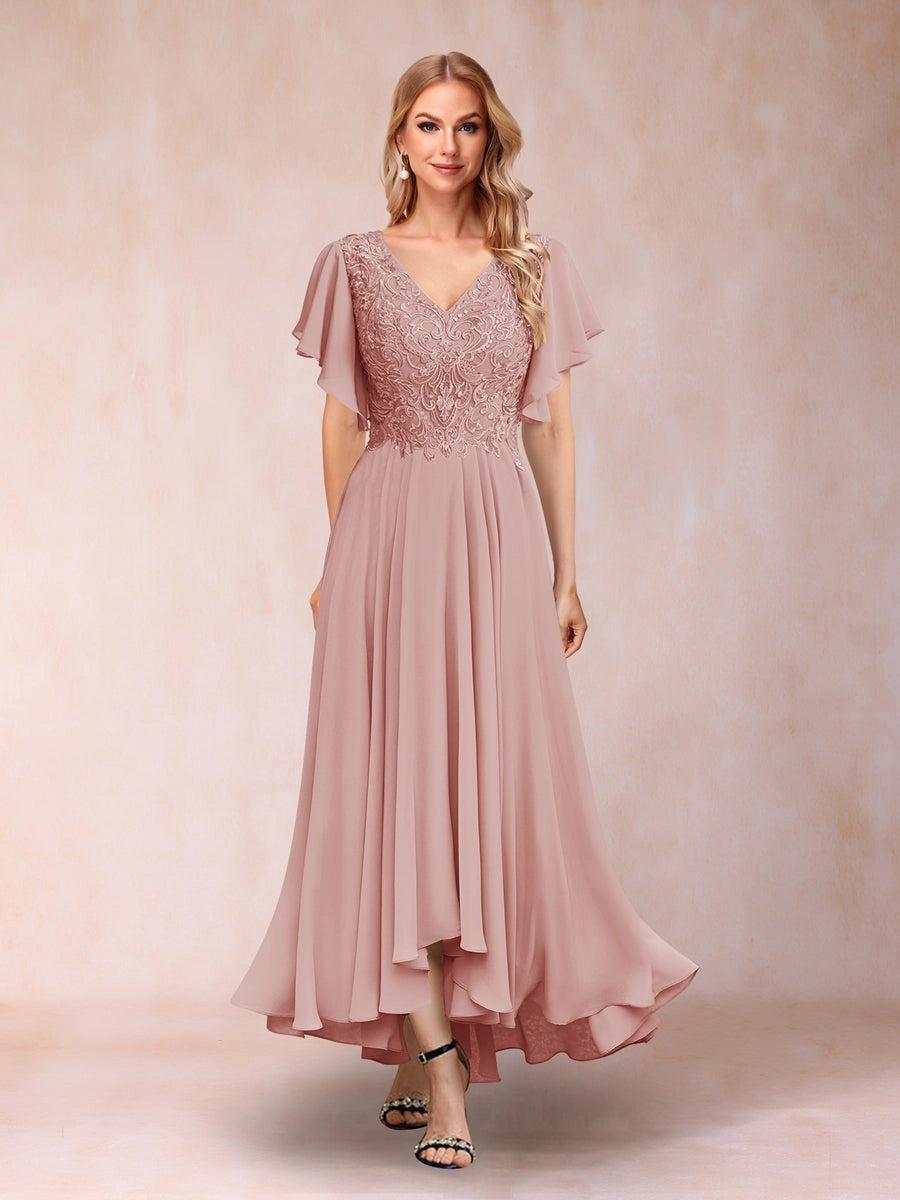 Elegant A-Line V-Neck Flutter-Sleeve Zipper-Back High-Low Mother of the Bride Dress